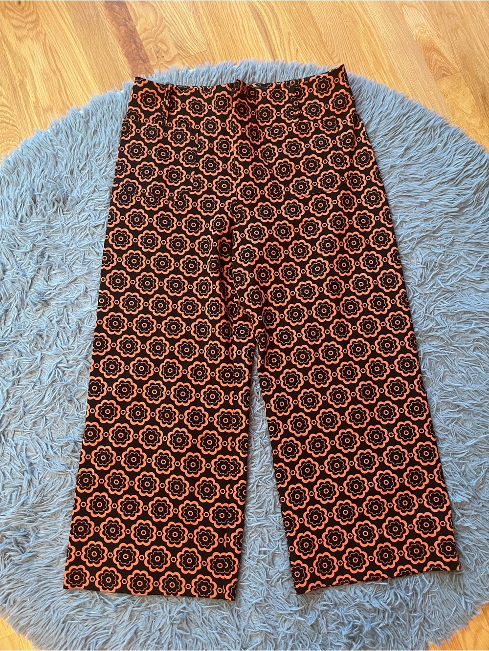 Anthro Maeve Orange Black The Colette Wide-Leg Ponte Floral Print Pants Size 32 - Picture 2 of 7